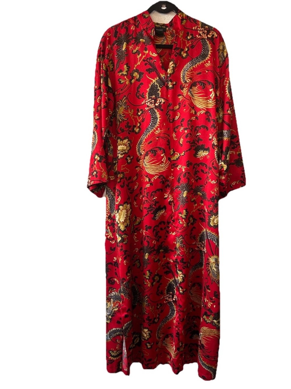 Vintage Natori Red Gold Imperial Dragon Long Satin Caftan Robe Dress Luxury XL